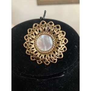 Vintage Filagree Gold Tone Brooch with MOP Center
